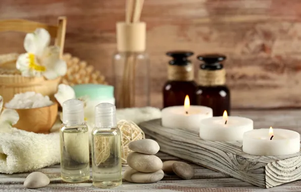 Stones, oil, candles, perfume, Spa, salt