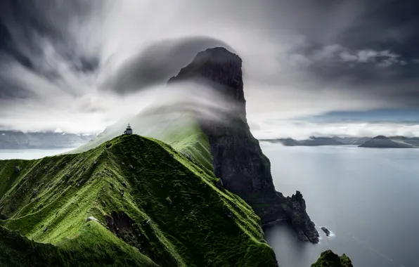 The sky, clouds, mountains, fog, lighthouse, Faroe Islands, the Atlantic ocean