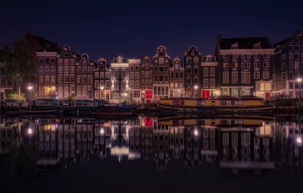 Night, the city, lights, boat, home, Amsterdam, channel, Netherlands