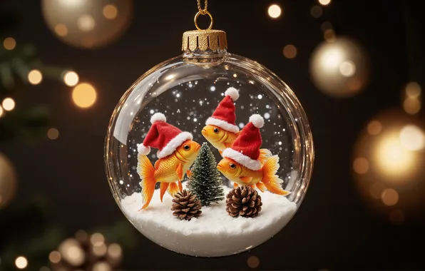 Snow, fish, transparent, the dark background, glass, ball, Christmas, goldfish