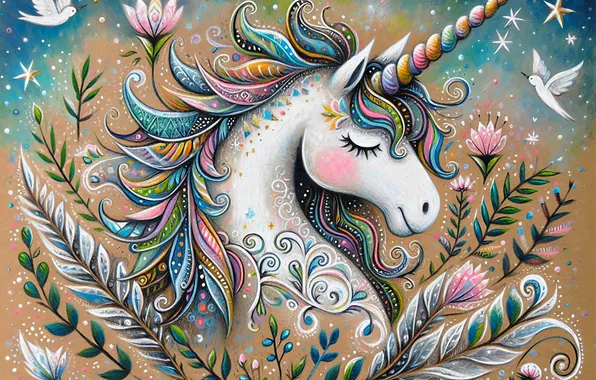 Flowers, horse, horse, styling, fantasy, unicorn, AI art, neural network