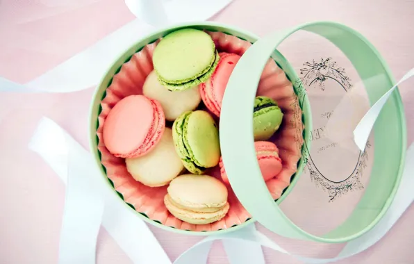Box, cookies, tape, macaron