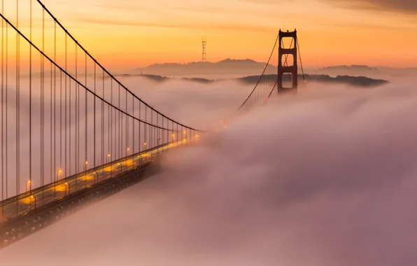 Picture clouds, sunset, bridge, fog