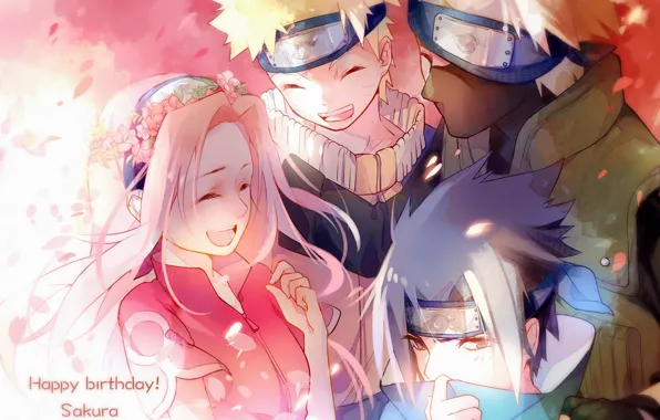 Team, Naruto, friends, wreath, smile, ninja, pink hair, Sasuke Uchiha