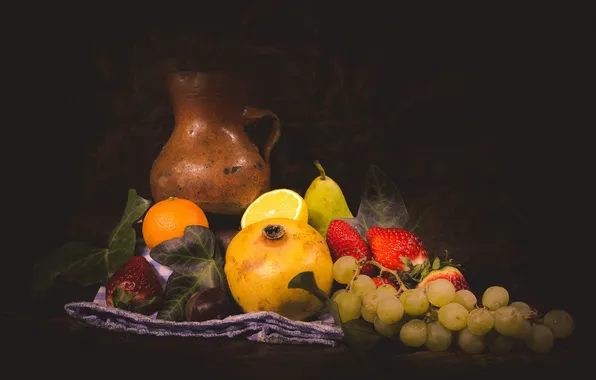 Berries, lemon, orange, strawberry, grapes, pear, pitcher, fruit