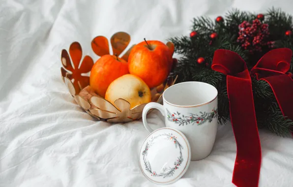 Branches, berries, holiday, apples, Christmas, mug, white background, New year
