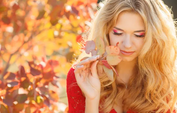 Picture autumn, look, girl, smile, leaf, makeup, blonde