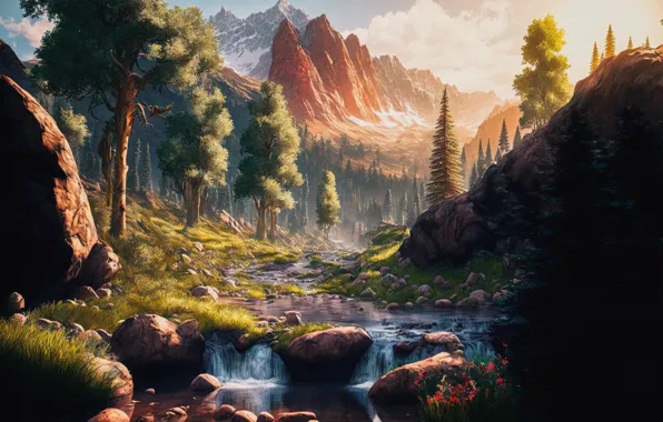 Forest, light, trees, landscape, mountains, nature, stream, stones