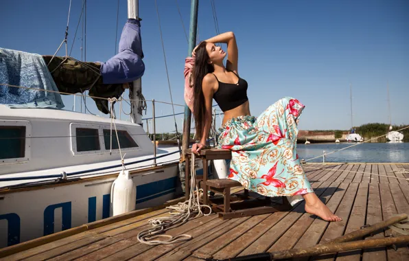 Girl, pose, skirt, yacht, pier, top, Vadim Fedotov, Vadius