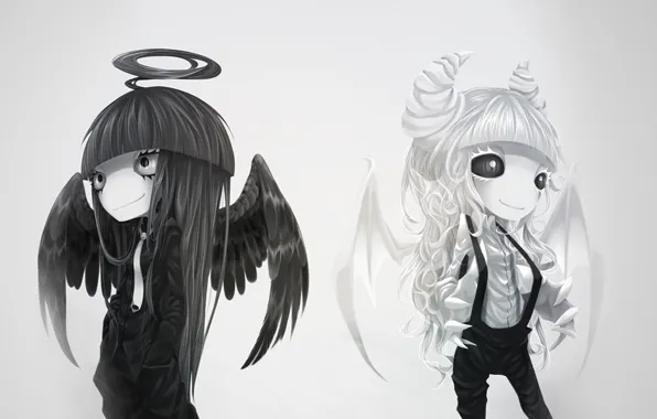 Picture white, black, wings, Angel, the demon, horns, halo