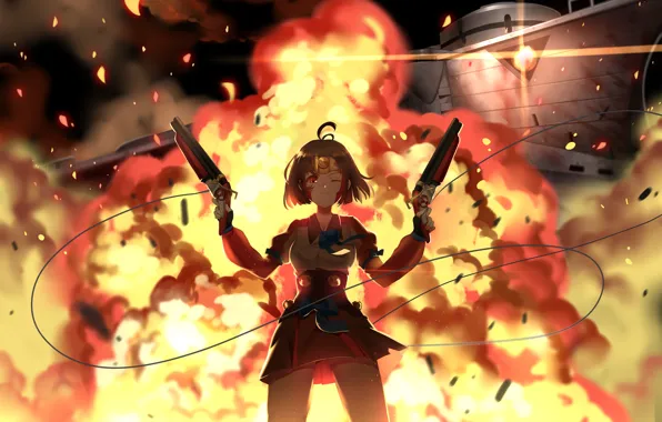 Picture girl, weapons, fire, guns, explosions, anime, art, greetload