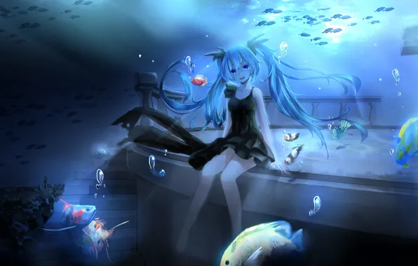 Girl, fish, bubbles, anime, art, ladder, vocaloid, hatsune miku