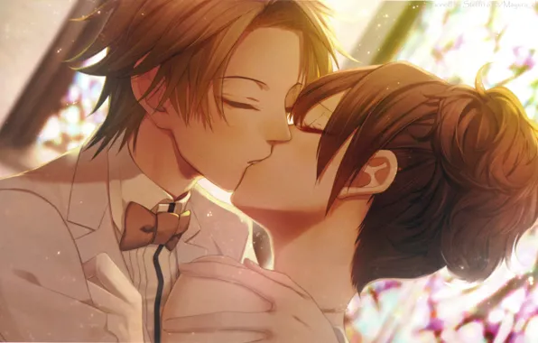 Kiss, art, wedding, closed eyes, the bride and groom, bow tie, nagaoka, Nadeshiko Kurou