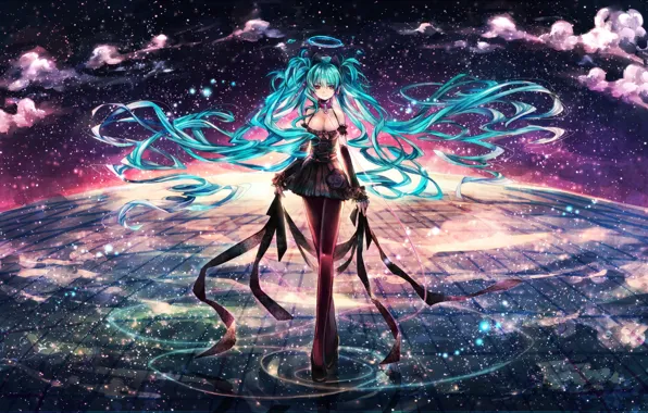 The sky, water, girl, stars, clouds, reflection, art, vocaloid