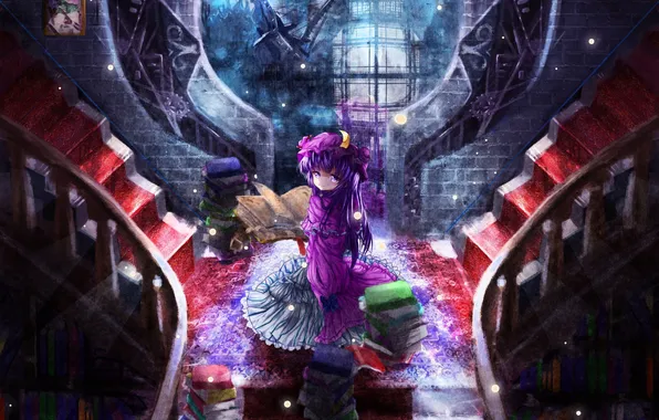 Picture girl, night, books, art, ladder, pictures, touhou, patchouli knowledge