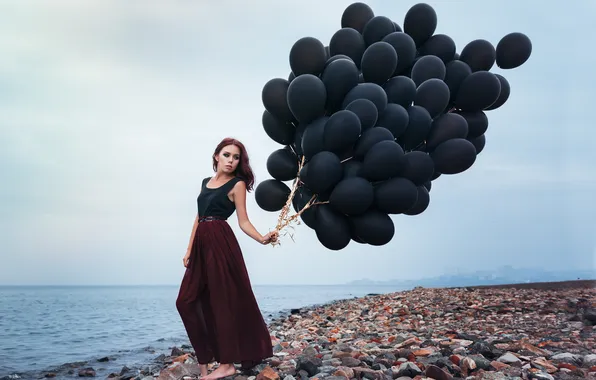 Picture sea, beach, look, girl, balls, makeup, outfit, pebbles