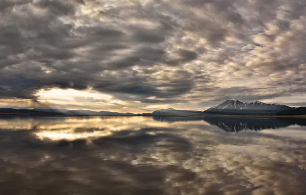 The sky, clouds, rays, snow, mountains, clouds, reflection, river
