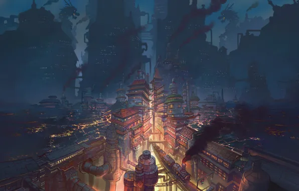 Night, Figure, The city, Dragon, Smoke, View, Style, Building