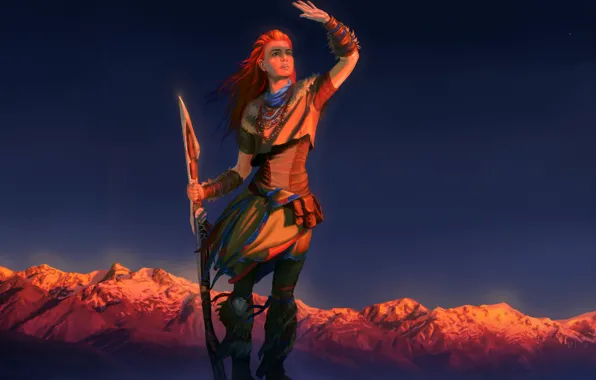 The sky, girl, mountains, rocks, dawn, red, art, Guerrilla Games