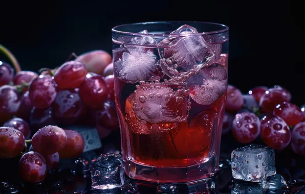 Drops, bubbles, glass, the dark background, glass, juice, grapes, cocktail