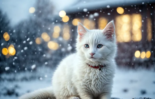 Winter, cat, white, light, snow, lights, house, kitty