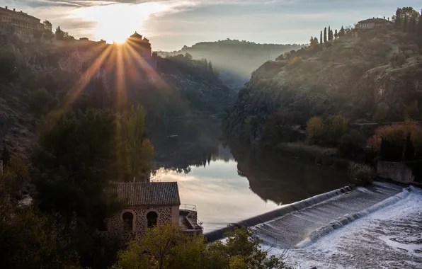 Picture the sun, rays, light, nature, river, sunrise, view, height