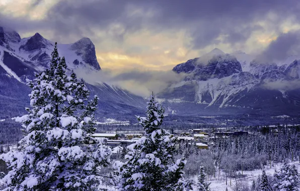 Winter, snow, mountains, valley, Canada, Banff National Park, Alberta, Canmore