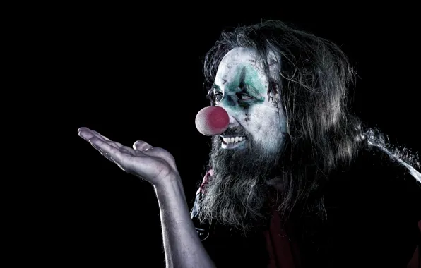 Smile, hand, clown, hairstyle, male, beard, black background, gesture