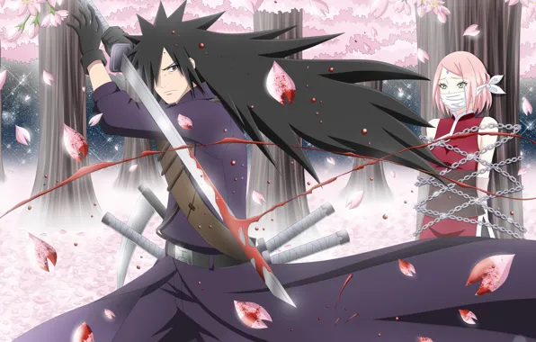 Blood, sword, katana, Sakura, Naruto, Madara Uchiha