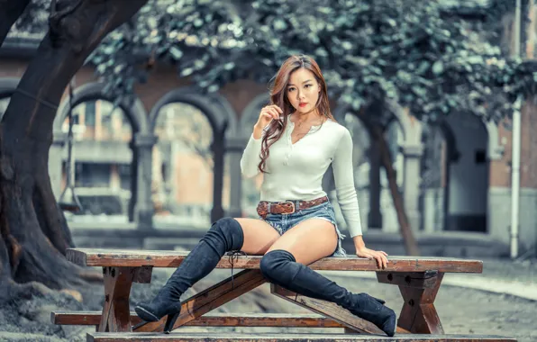 Trees, sexy, pose, model, shorts, portrait, boots, makeup