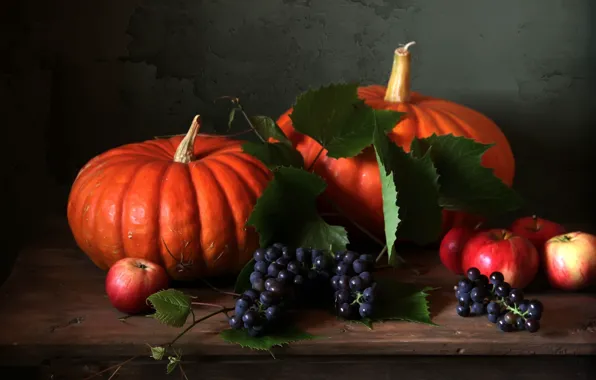 Nature, life, autumn, grapes, fruits, pumpkin, apples, vegetable