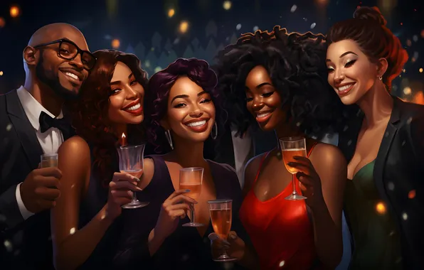Girls, Glasses, Smile, Christmas, New year, Guy, Joy, Digital art