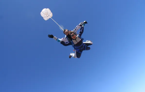 Picture the sky, blue, glasses, parachute, container, skydivers, tandem, extreme sports