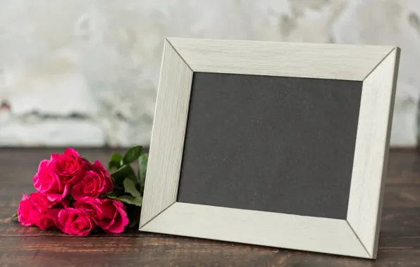 Roses, bouquet, frame, wood, pink, flowers, roses, pink roses