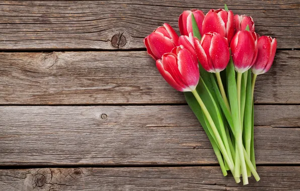 Flowers, bouquet, tulips, red, red, wood, flowers, romantic