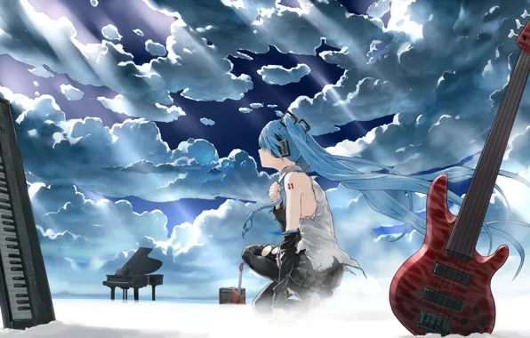 The sky, girl, clouds, light, guitar, headphones, piano, art