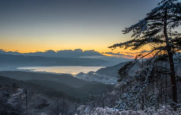 Trees, mountains, lake, sunrise, dawn, morning, Japan, panorama