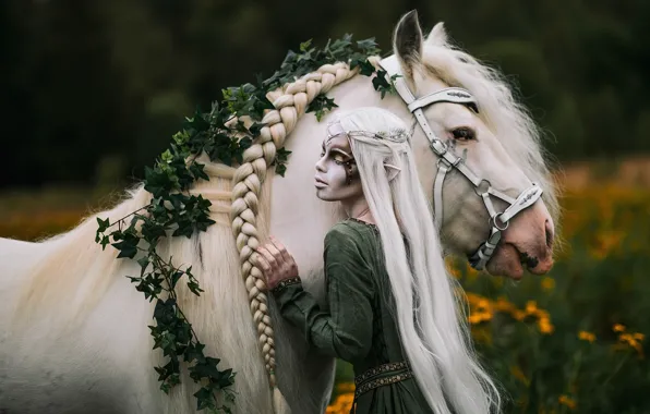 White, girl, nature, pose, style, horse, horse, makeup