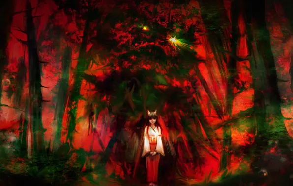 Forest, girl, fantasy, Fox
