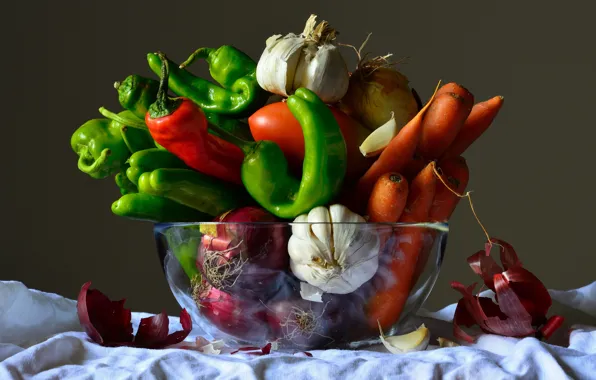 Food, bow, fabric, pepper, bowl, still life, sharp, vegetables