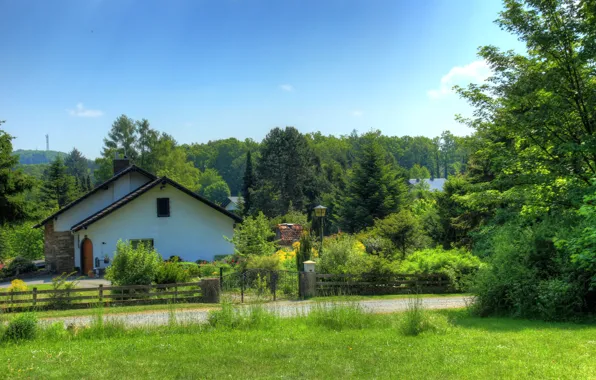 Road, greens, summer, grass, trees, landscape, house, glade