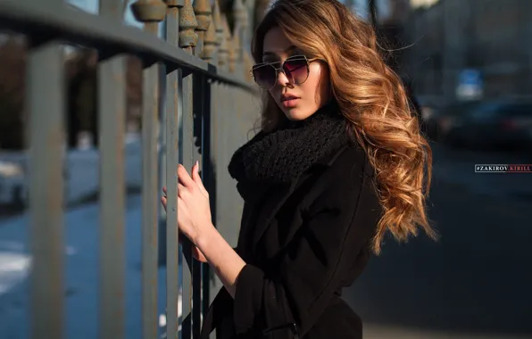 Picture look, girl, hair, fence, glasses, curls, Cyril Zakirov, Eleonora Imasheva