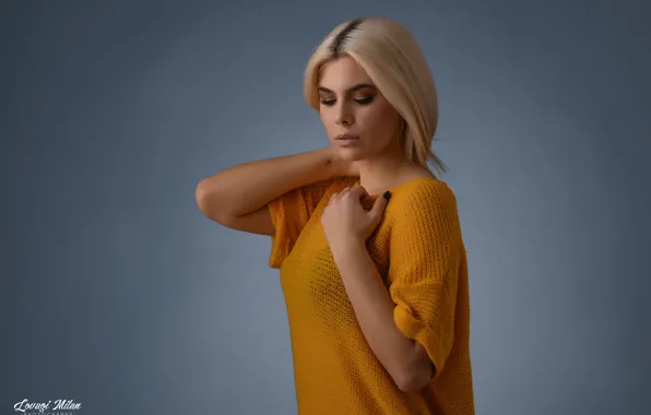 Picture girl, pose, background, portrait, hands, blonde, sweater, Knight Of Milan