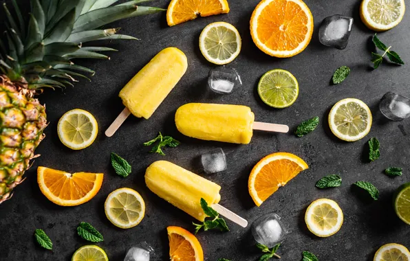 Ice, lemon, cubes, orange, ice cream, pineapple, mint, slices
