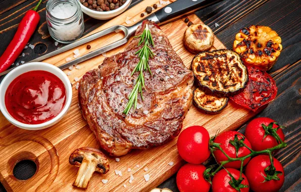 Mushrooms, eggplant, meat, Board, pepper, vegetables, tomatoes, sauce