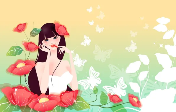 Girl, butterfly, flowers, figure, Maki, lipstick, red
