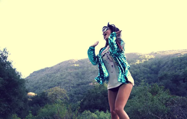 Girl, legs, trees, field, woman, model, glasses, happiness