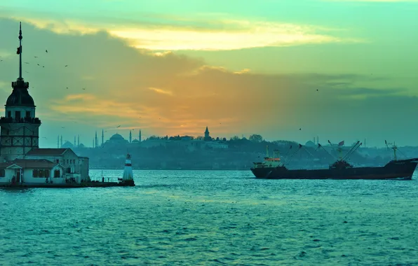 Strait, lighthouse, panorama, Istanbul, Turkey, The Bosphorus