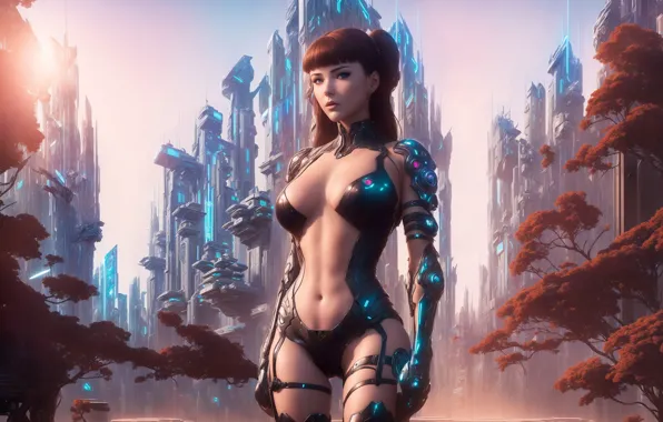 Picture city, boobs, model, women, futuristic, looking at viewer, bikini armor, AI art