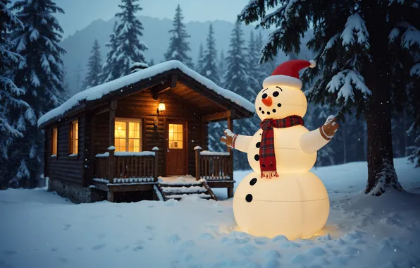 Winter, frost, forest, snow, house, glade, hat, the evening